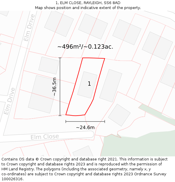 1, ELM CLOSE, RAYLEIGH, SS6 8AD: Plot and title map