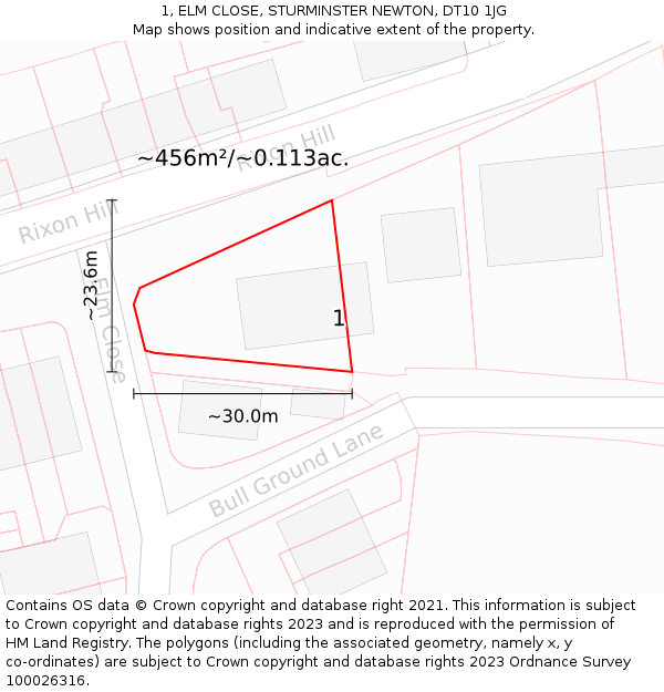 1, ELM CLOSE, STURMINSTER NEWTON, DT10 1JG: Plot and title map