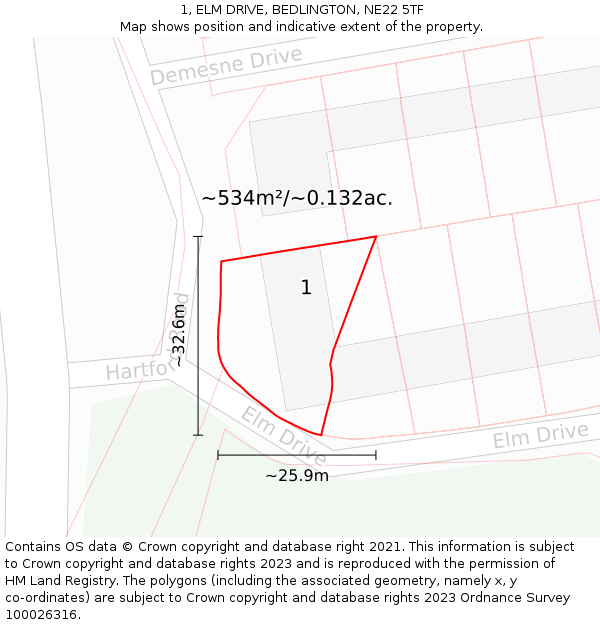 1, ELM DRIVE, BEDLINGTON, NE22 5TF: Plot and title map