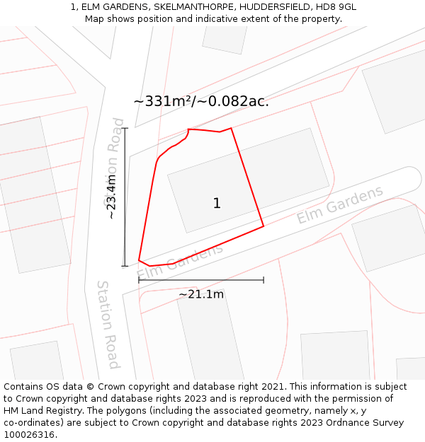 1, ELM GARDENS, SKELMANTHORPE, HUDDERSFIELD, HD8 9GL: Plot and title map
