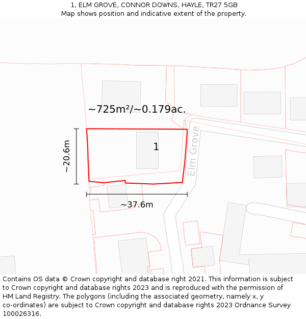 1, ELM GROVE, CONNOR DOWNS, HAYLE, TR27 5GB: Plot and title map