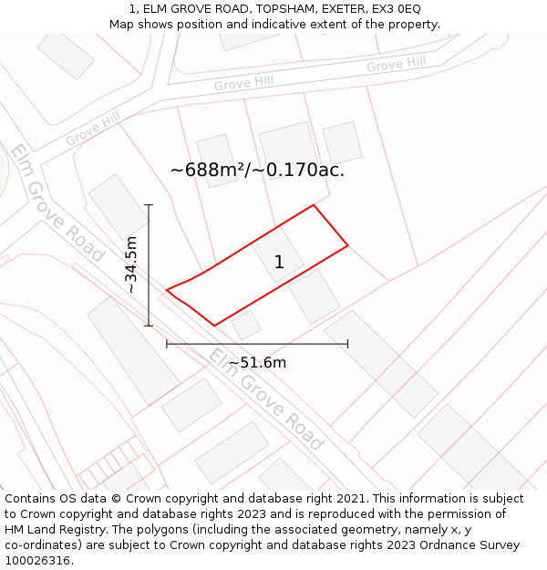1, ELM GROVE ROAD, TOPSHAM, EXETER, EX3 0EQ: Plot and title map