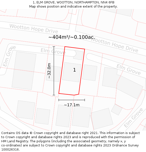 1, ELM GROVE, WOOTTON, NORTHAMPTON, NN4 6FB: Plot and title map