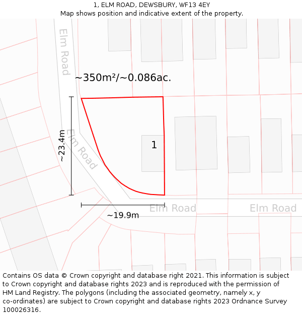1, ELM ROAD, DEWSBURY, WF13 4EY: Plot and title map