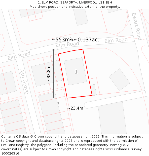 1, ELM ROAD, SEAFORTH, LIVERPOOL, L21 1BH: Plot and title map