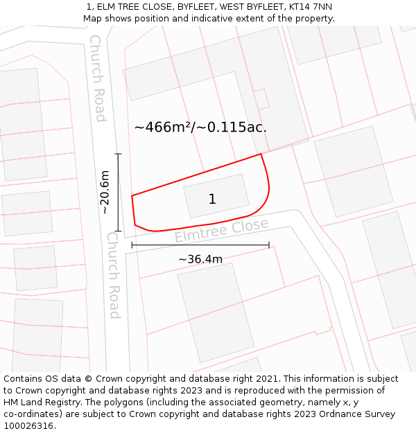 1, ELM TREE CLOSE, BYFLEET, WEST BYFLEET, KT14 7NN: Plot and title map