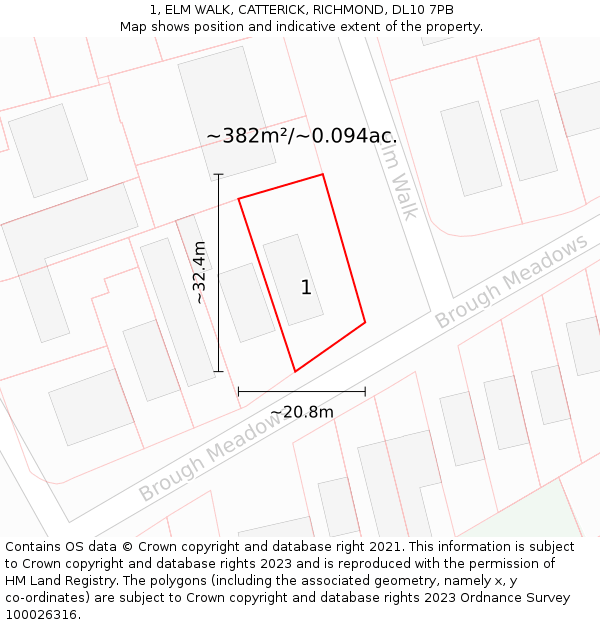 1, ELM WALK, CATTERICK, RICHMOND, DL10 7PB: Plot and title map
