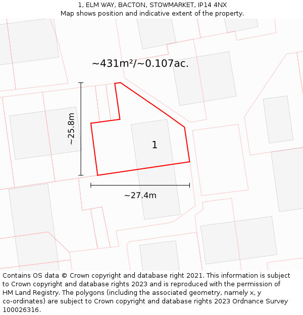 1, ELM WAY, BACTON, STOWMARKET, IP14 4NX: Plot and title map