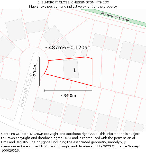 1, ELMCROFT CLOSE, CHESSINGTON, KT9 1DX: Plot and title map