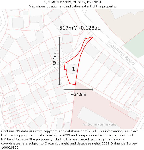 1, ELMFIELD VIEW, DUDLEY, DY1 3DH: Plot and title map