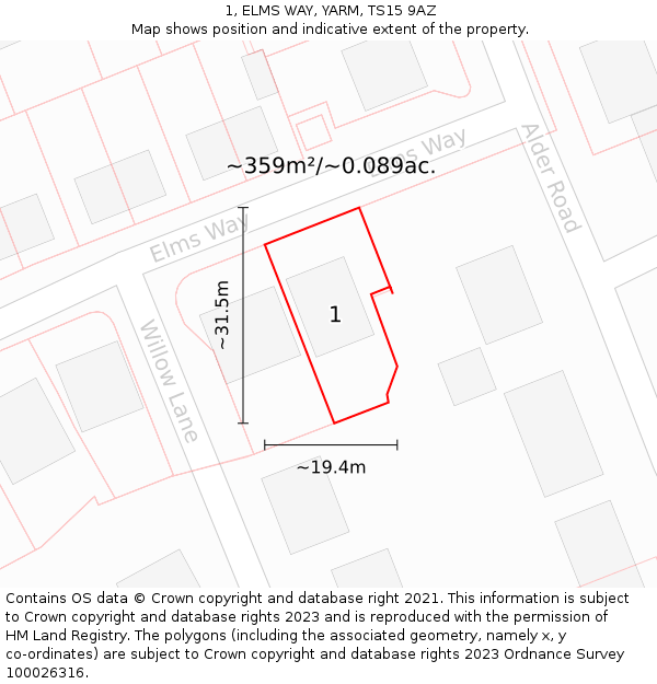 1, ELMS WAY, YARM, TS15 9AZ: Plot and title map