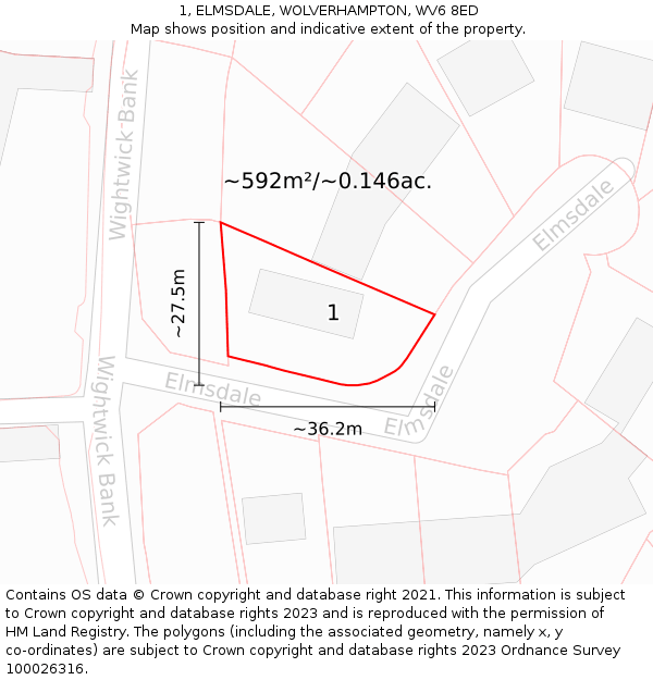 1, ELMSDALE, WOLVERHAMPTON, WV6 8ED: Plot and title map