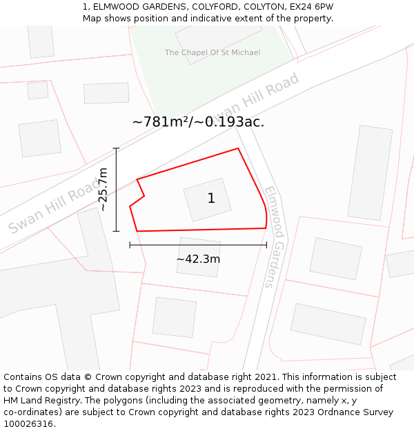 1, ELMWOOD GARDENS, COLYFORD, COLYTON, EX24 6PW: Plot and title map