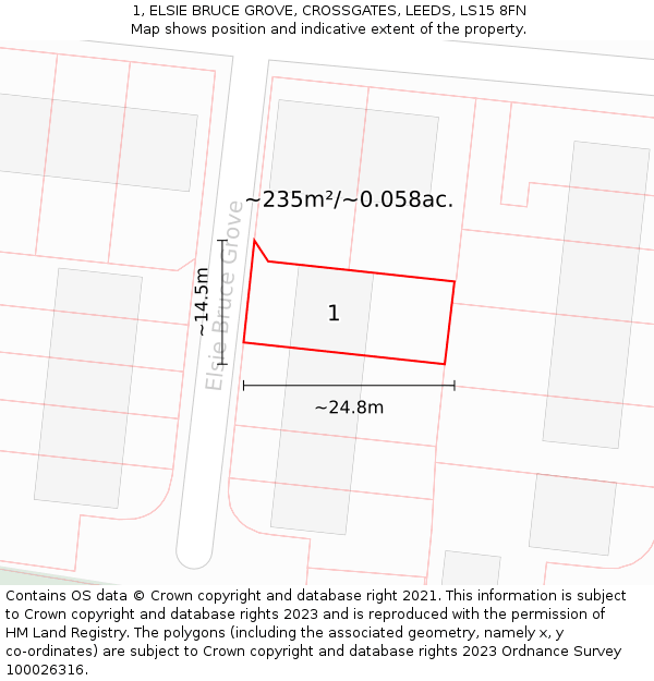 1, ELSIE BRUCE GROVE, CROSSGATES, LEEDS, LS15 8FN: Plot and title map