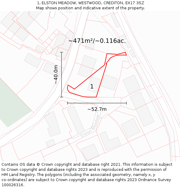 1, ELSTON MEADOW, WESTWOOD, CREDITON, EX17 3SZ: Plot and title map