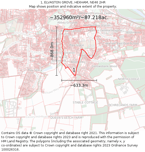 1, ELVASTON GROVE, HEXHAM, NE46 2HR: Plot and title map