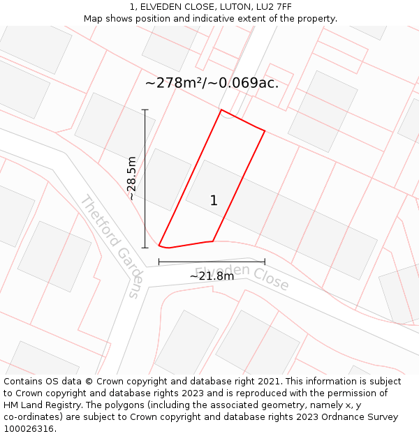 1, ELVEDEN CLOSE, LUTON, LU2 7FF: Plot and title map
