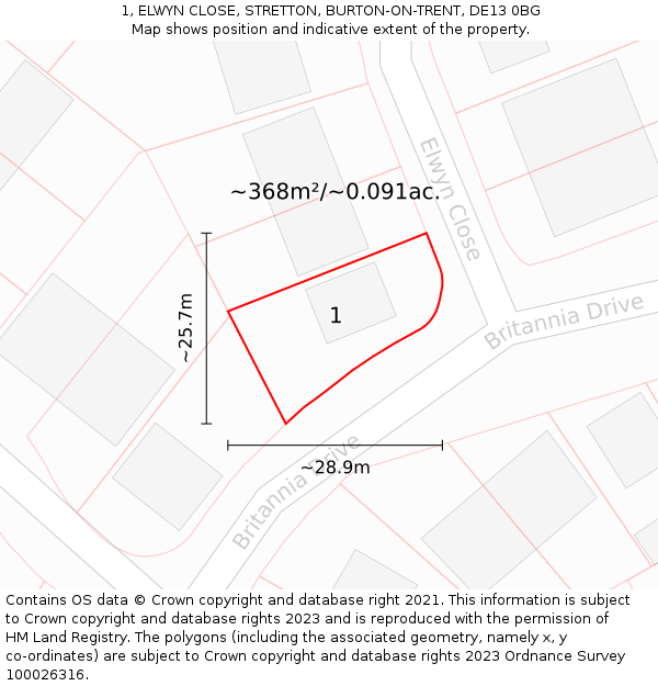 1, ELWYN CLOSE, STRETTON, BURTON-ON-TRENT, DE13 0BG: Plot and title map