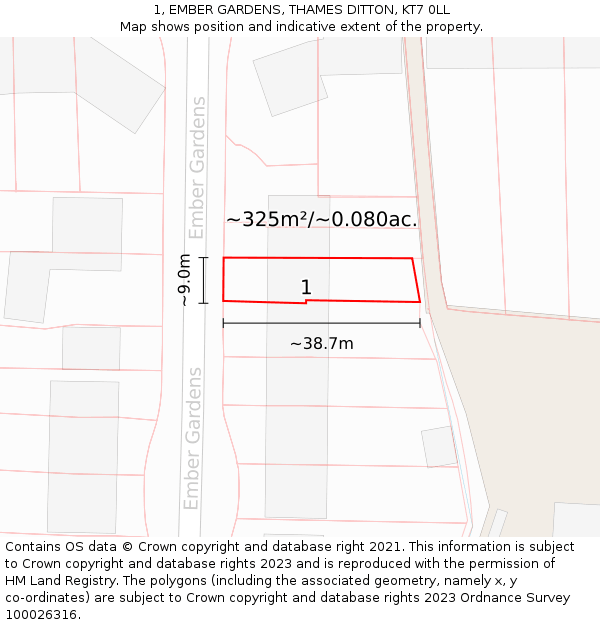 1, EMBER GARDENS, THAMES DITTON, KT7 0LL: Plot and title map