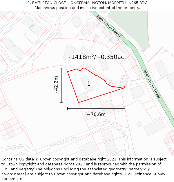 1, EMBLETON CLOSE, LONGFRAMLINGTON, MORPETH, NE65 8DG: Plot and title map