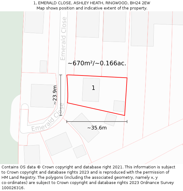 1, EMERALD CLOSE, ASHLEY HEATH, RINGWOOD, BH24 2EW: Plot and title map