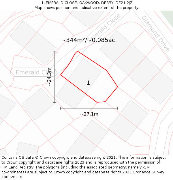 1, EMERALD CLOSE, OAKWOOD, DERBY, DE21 2JZ: Plot and title map