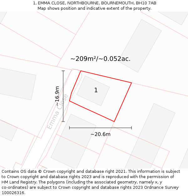 1, EMMA CLOSE, NORTHBOURNE, BOURNEMOUTH, BH10 7AB: Plot and title map