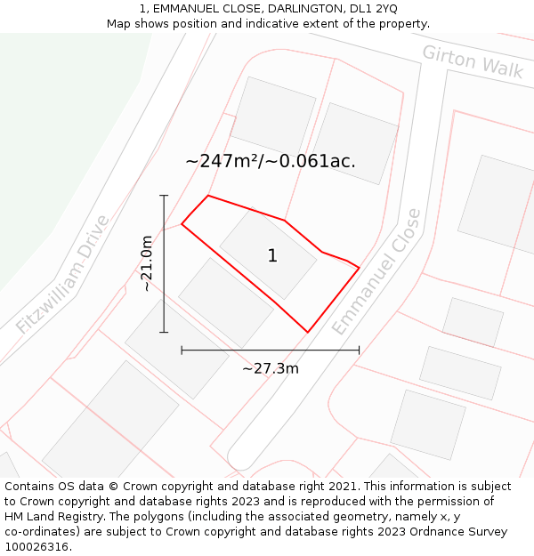 1, EMMANUEL CLOSE, DARLINGTON, DL1 2YQ: Plot and title map