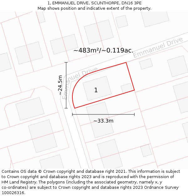 1, EMMANUEL DRIVE, SCUNTHORPE, DN16 3PE: Plot and title map