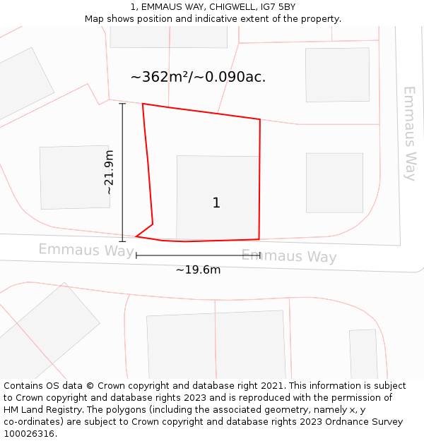 1, EMMAUS WAY, CHIGWELL, IG7 5BY: Plot and title map
