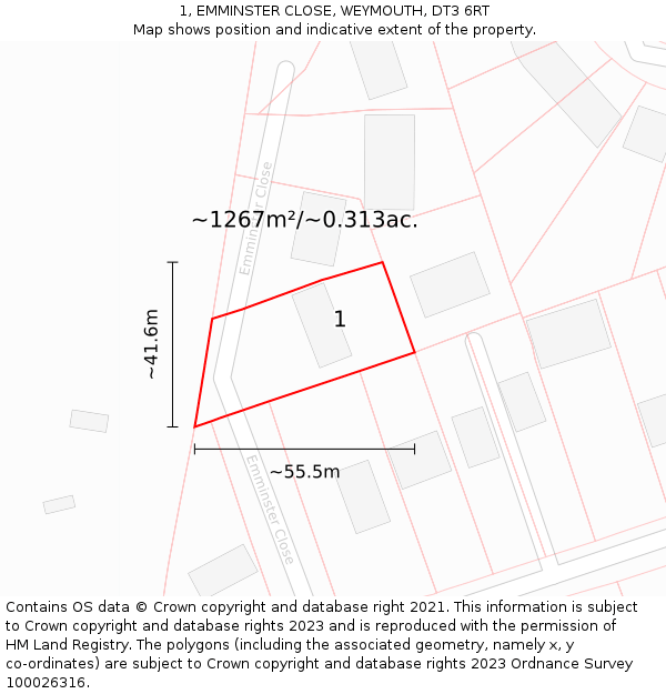 1, EMMINSTER CLOSE, WEYMOUTH, DT3 6RT: Plot and title map