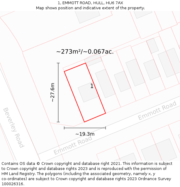 1, EMMOTT ROAD, HULL, HU6 7AX: Plot and title map