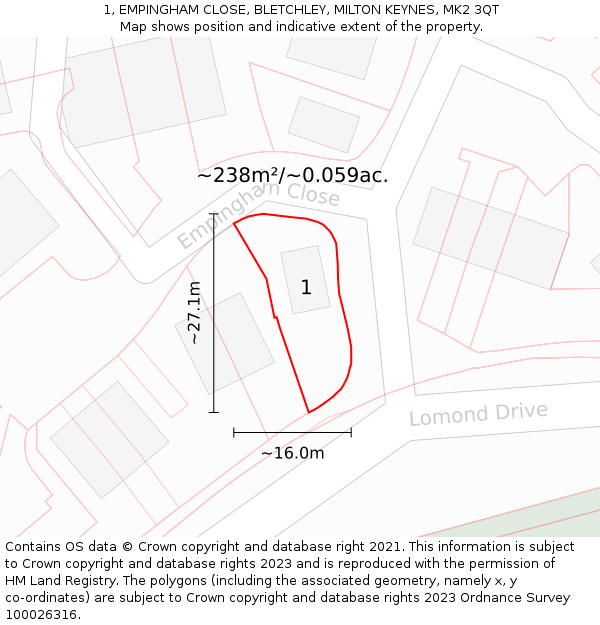 1, EMPINGHAM CLOSE, BLETCHLEY, MILTON KEYNES, MK2 3QT: Plot and title map