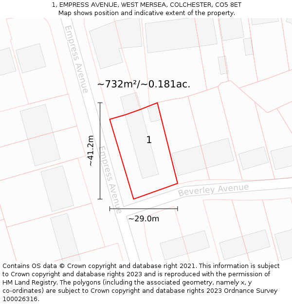 1, EMPRESS AVENUE, WEST MERSEA, COLCHESTER, CO5 8ET: Plot and title map