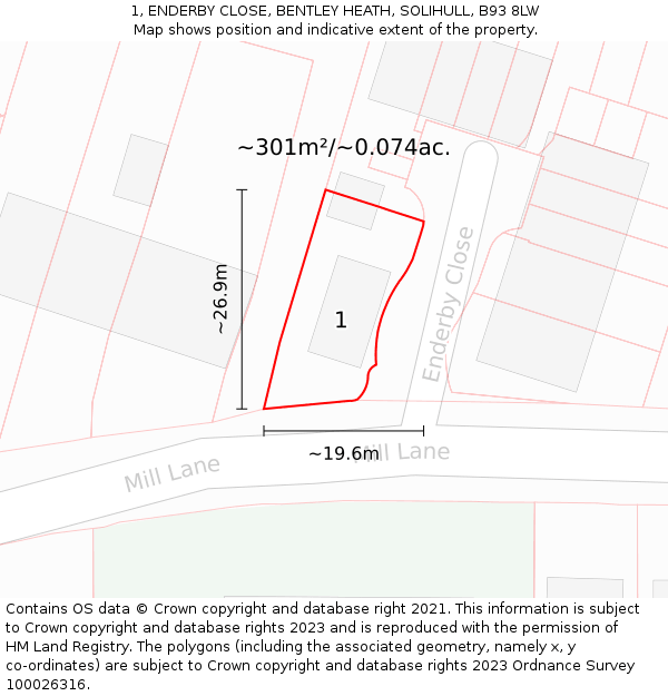 1, ENDERBY CLOSE, BENTLEY HEATH, SOLIHULL, B93 8LW: Plot and title map