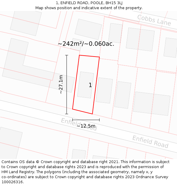 1, ENFIELD ROAD, POOLE, BH15 3LJ: Plot and title map