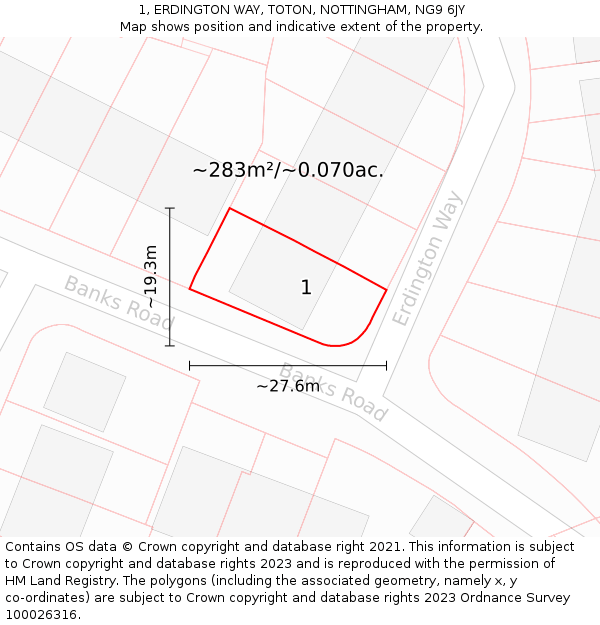 1, ERDINGTON WAY, TOTON, NOTTINGHAM, NG9 6JY: Plot and title map
