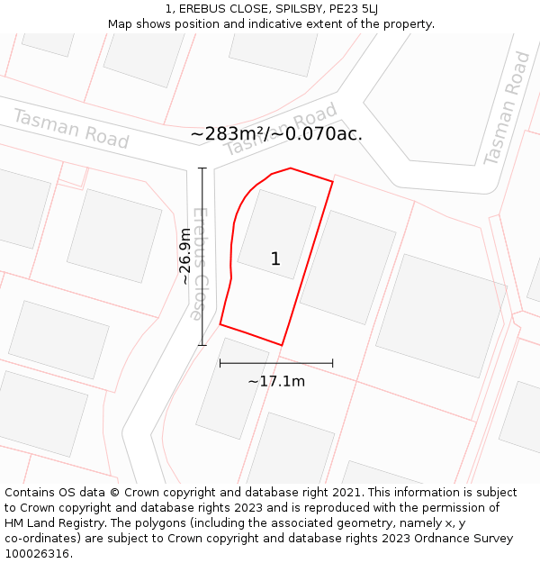 1, EREBUS CLOSE, SPILSBY, PE23 5LJ: Plot and title map
