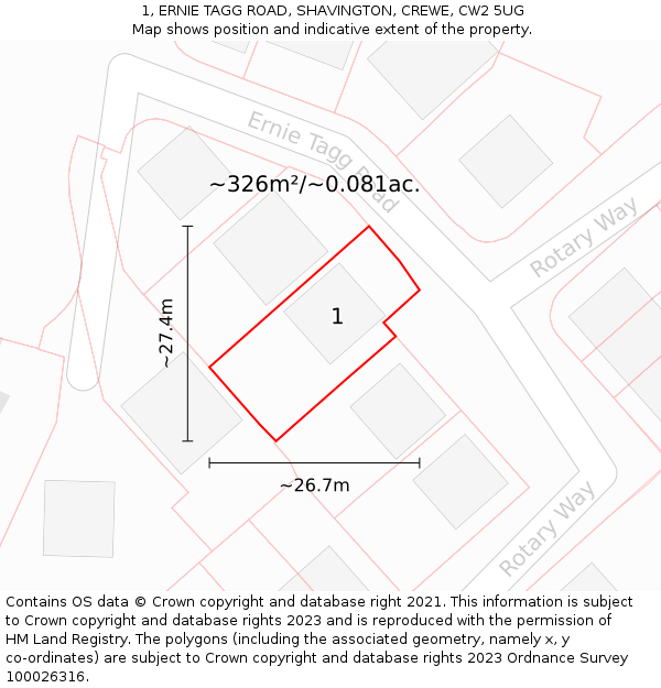 1, ERNIE TAGG ROAD, SHAVINGTON, CREWE, CW2 5UG: Plot and title map