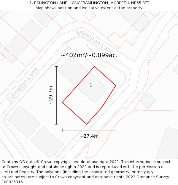 1, ESLINGTON LANE, LONGFRAMLINGTON, MORPETH, NE65 8ET: Plot and title map