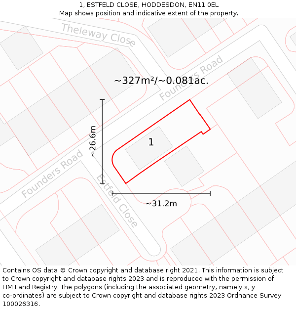 1, ESTFELD CLOSE, HODDESDON, EN11 0EL: Plot and title map