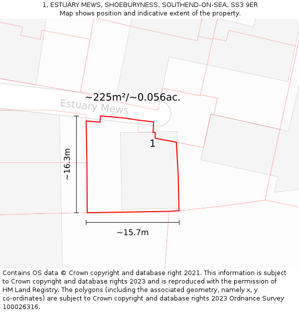 1, ESTUARY MEWS, SHOEBURYNESS, SOUTHEND-ON-SEA, SS3 9ER: Plot and title map