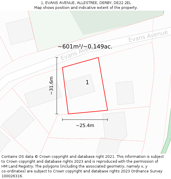 1, EVANS AVENUE, ALLESTREE, DERBY, DE22 2EL: Plot and title map