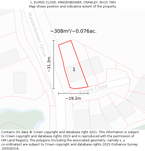 1, EVANS CLOSE, MAIDENBOWER, CRAWLEY, RH10 7WN: Plot and title map