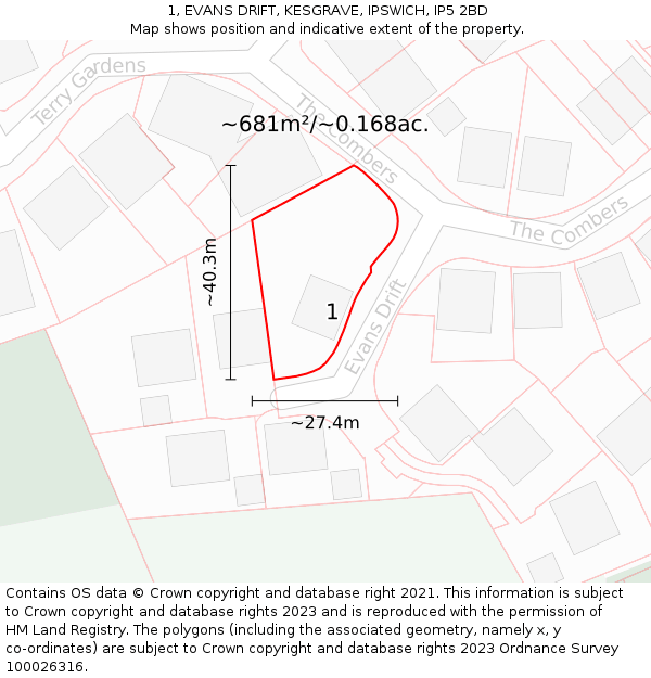 1, EVANS DRIFT, KESGRAVE, IPSWICH, IP5 2BD: Plot and title map