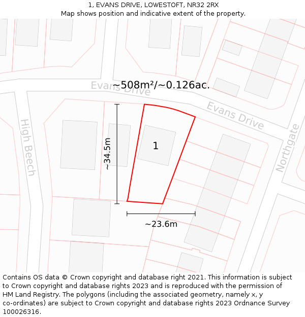 1, EVANS DRIVE, LOWESTOFT, NR32 2RX: Plot and title map