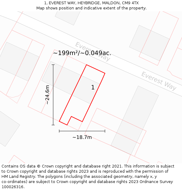 1, EVEREST WAY, HEYBRIDGE, MALDON, CM9 4TX: Plot and title map
