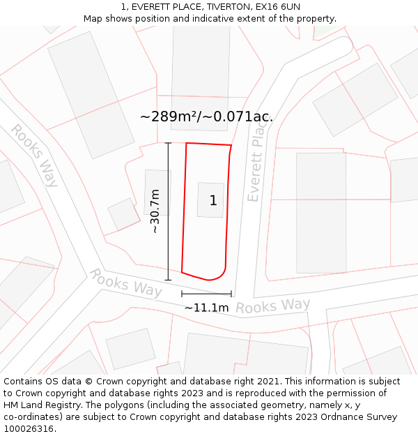 1, EVERETT PLACE, TIVERTON, EX16 6UN: Plot and title map