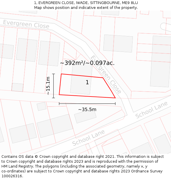 1, EVERGREEN CLOSE, IWADE, SITTINGBOURNE, ME9 8LU: Plot and title map