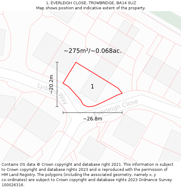 1, EVERLEIGH CLOSE, TROWBRIDGE, BA14 0UZ: Plot and title map